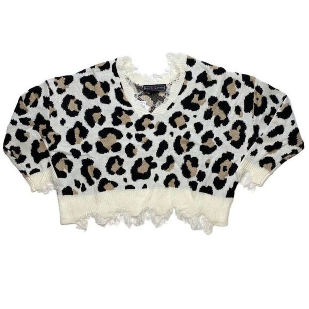 Polly & Esther Sweater Top Large White Women's Animal Print Destructed NEW